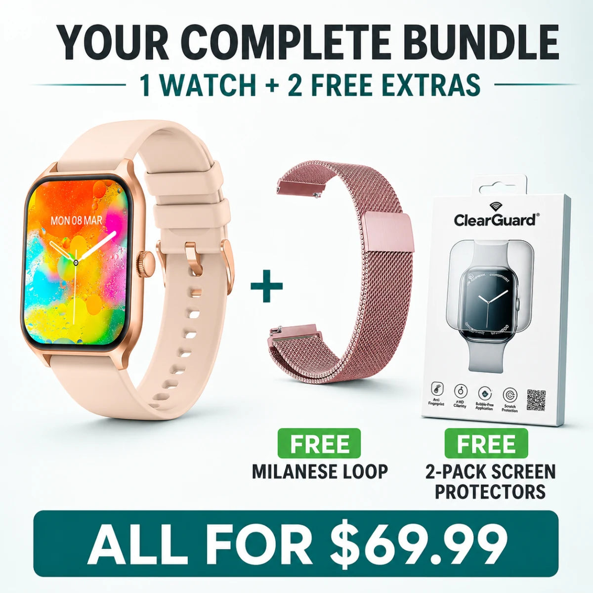 HealthWatch with a free Milanese loop and a free two-pack of screen protectors