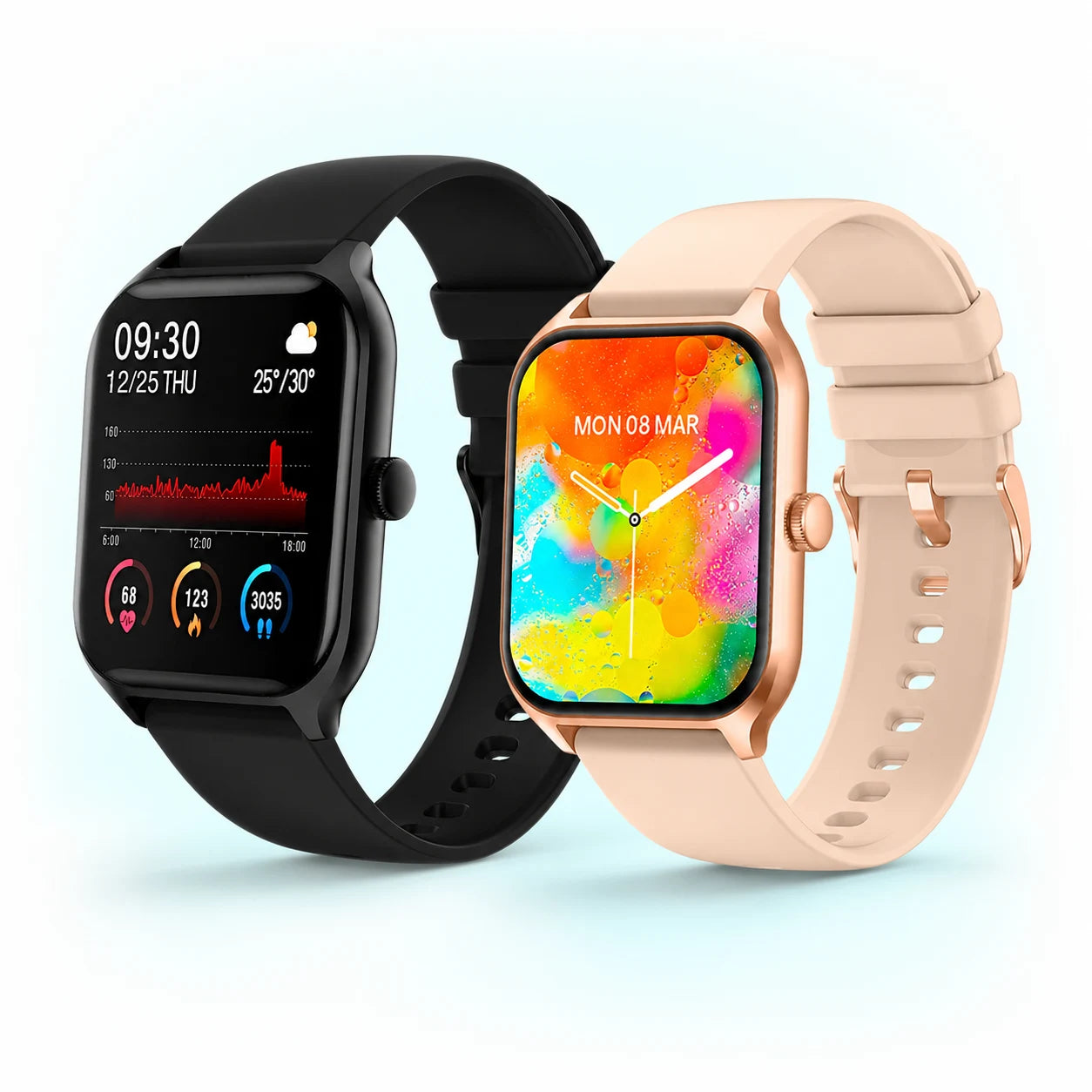 Two HealthWatches, black and rose gold