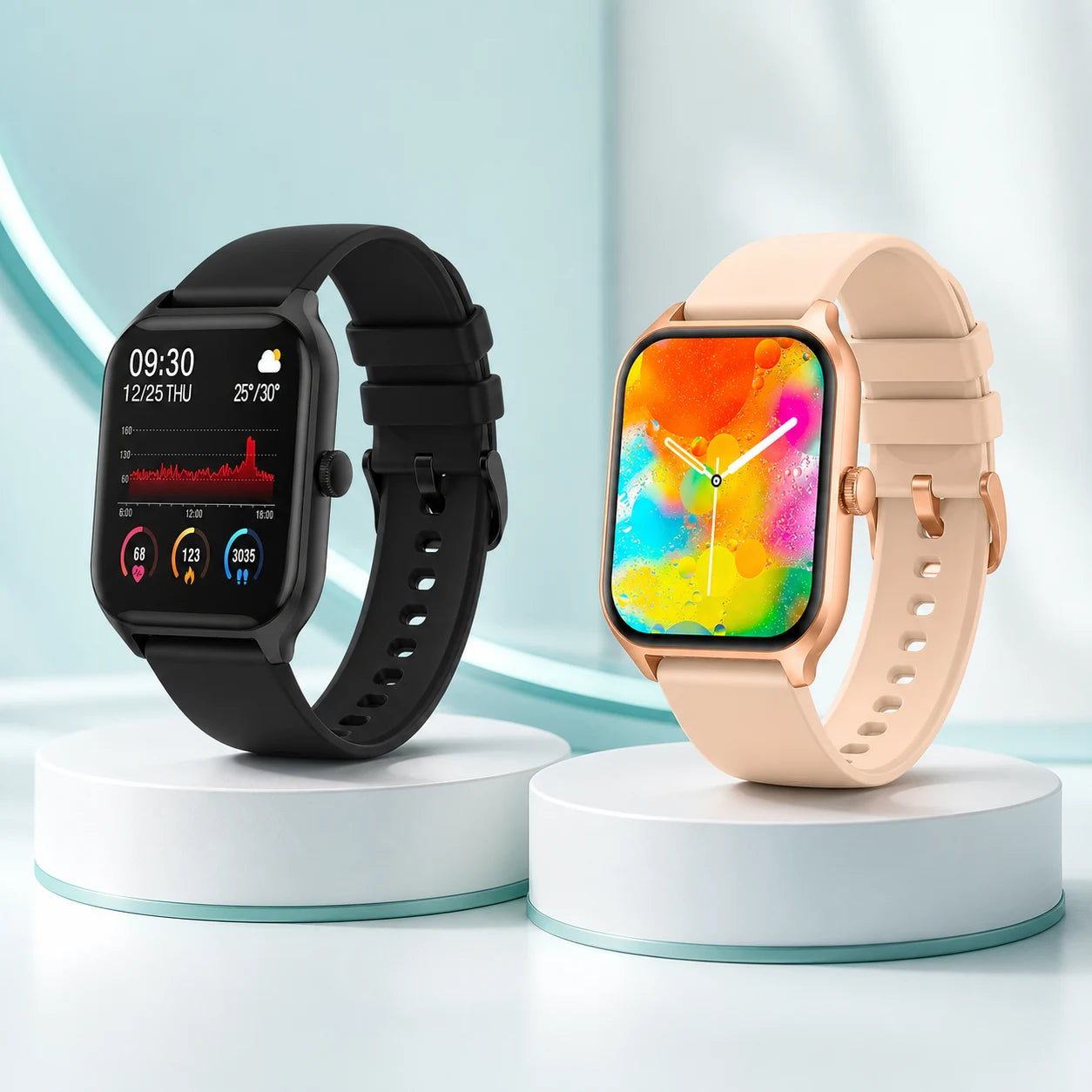 Two HealthWatches on display stands